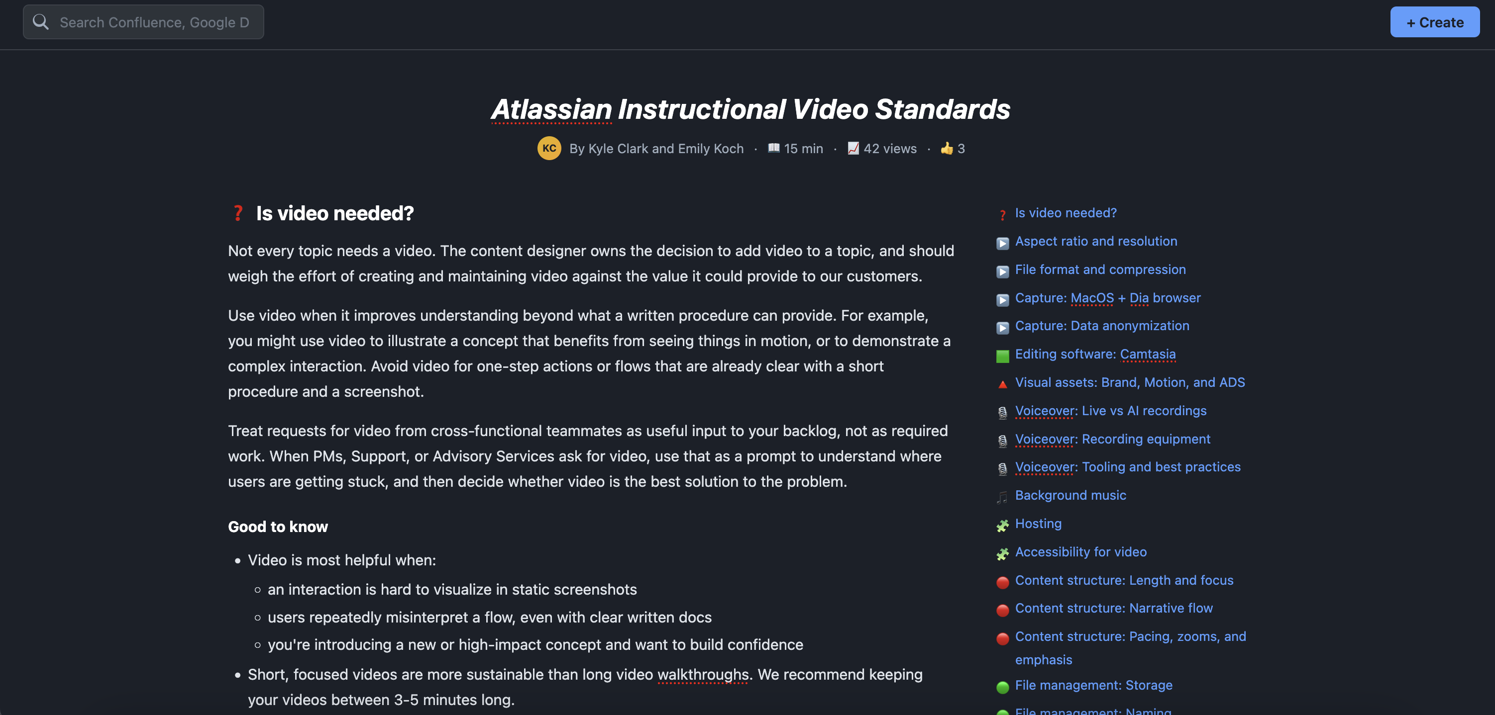 Screenshot of the beginning of Atlassian's video standards. The body of the page includes best practices on when to create video, with additional sections for technical, writing, and tooling best practices.